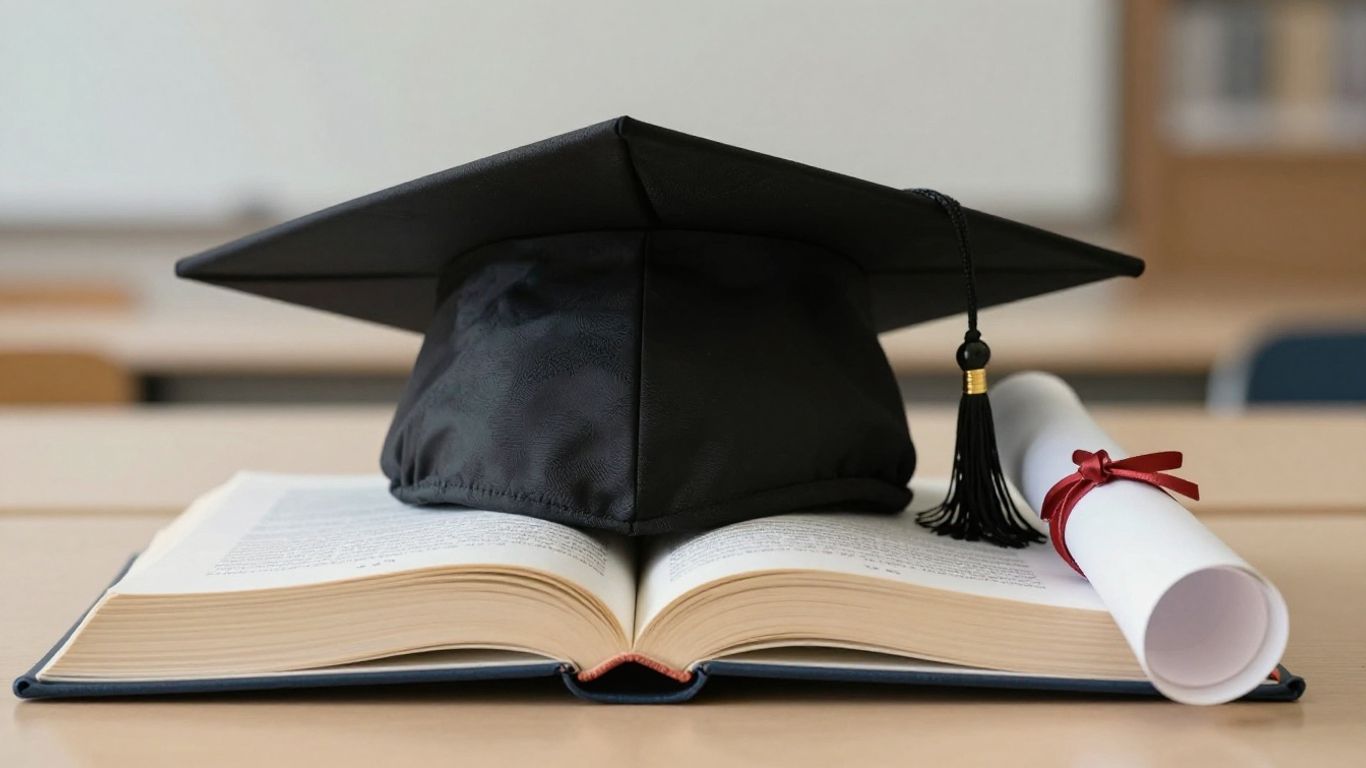 Birrete de graduación, diploma y libro abierto sobre una mesa.