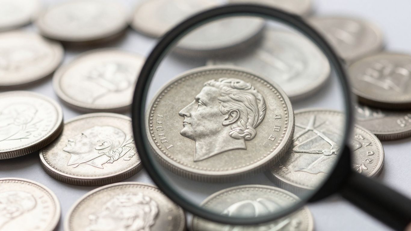 Close-up of silver coins with a magnifying glass.