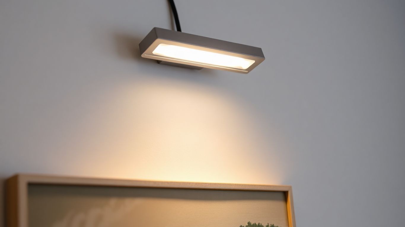 Battery powered table lamp illuminating artwork