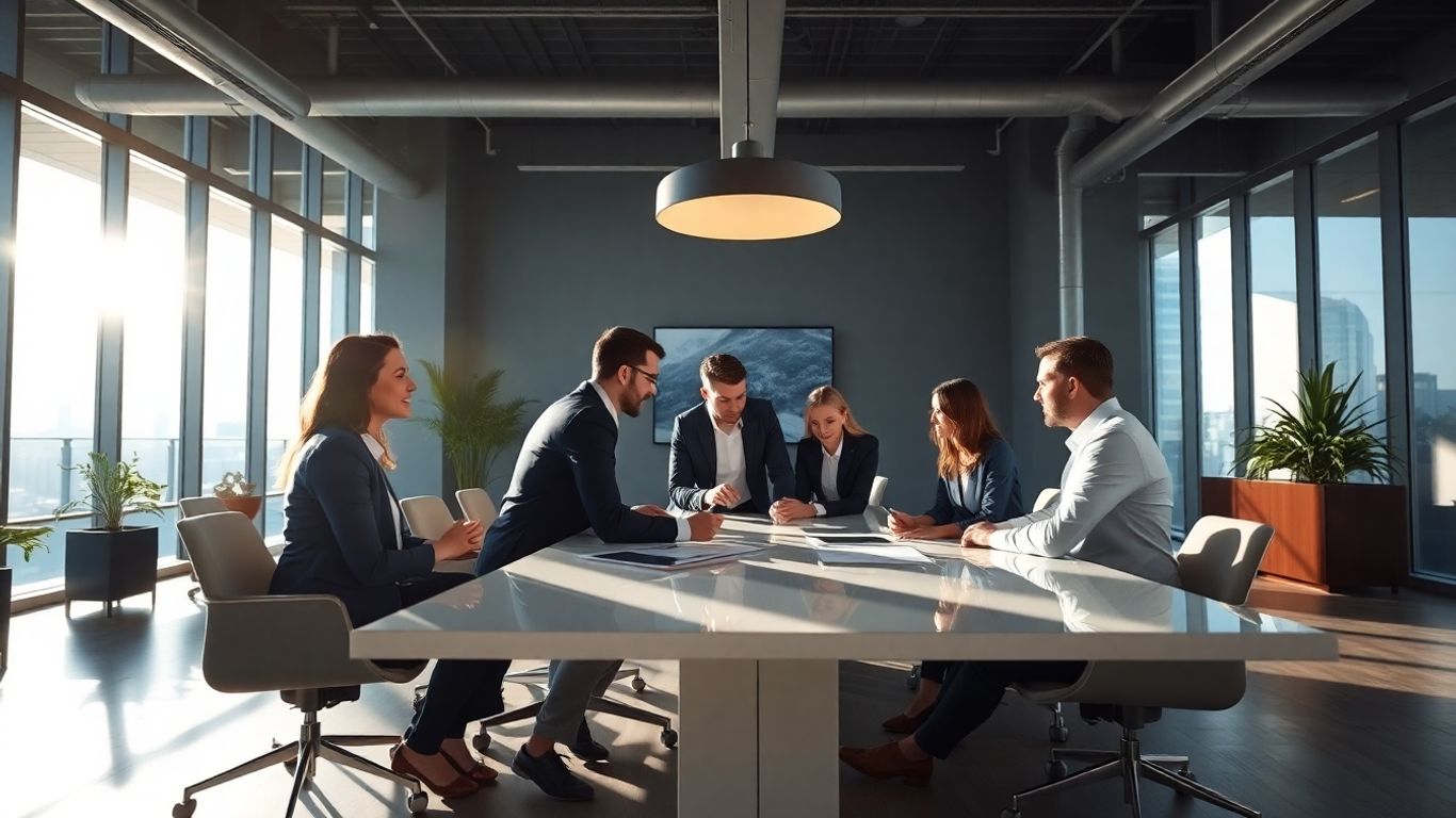 Financial professionals collaborating in a modern office.
