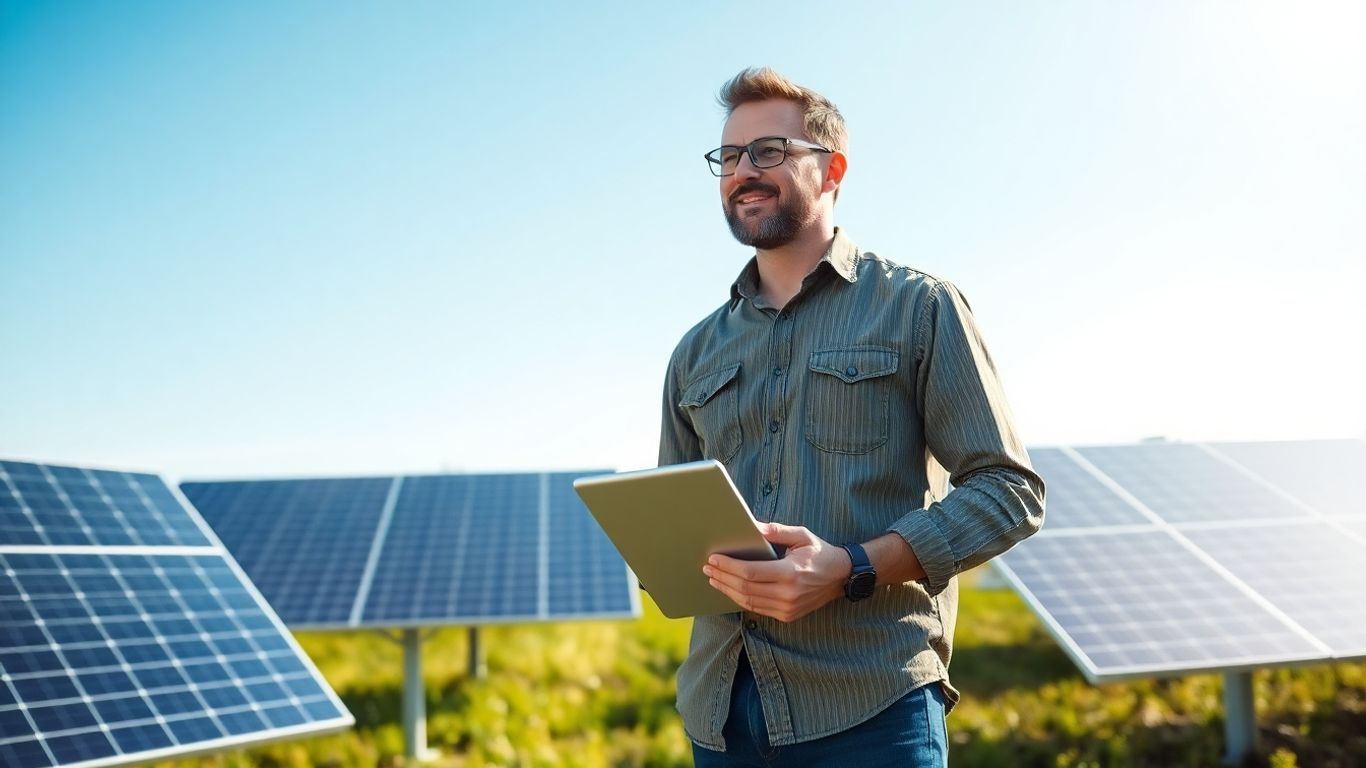 Solarenergie-Experte vor Solarpanels und grüner Landschaft