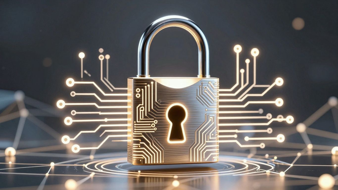 Digital padlock securing a blockchain network.