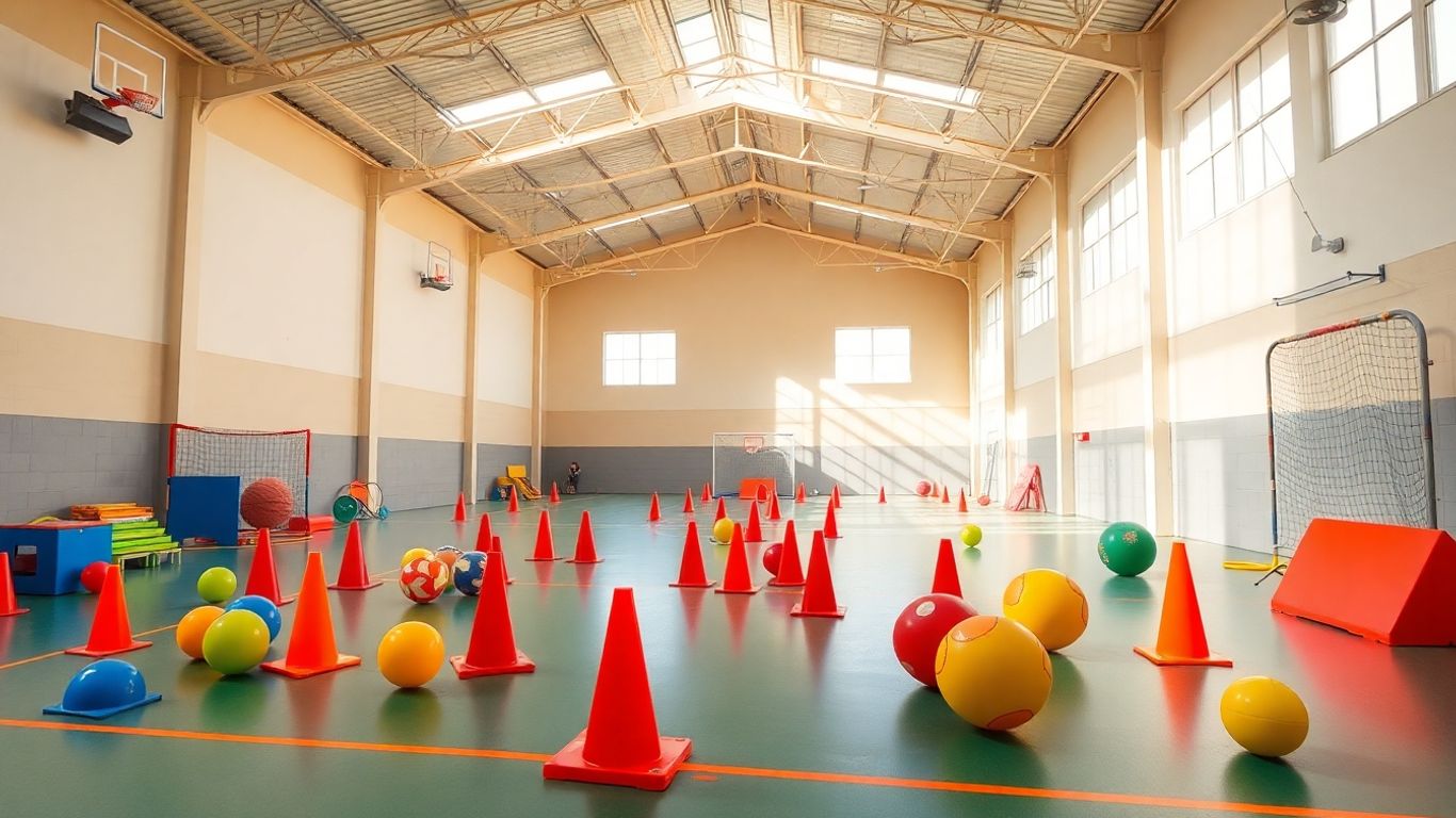 Bunte Sportgeräte in einer hellen Sporthalle