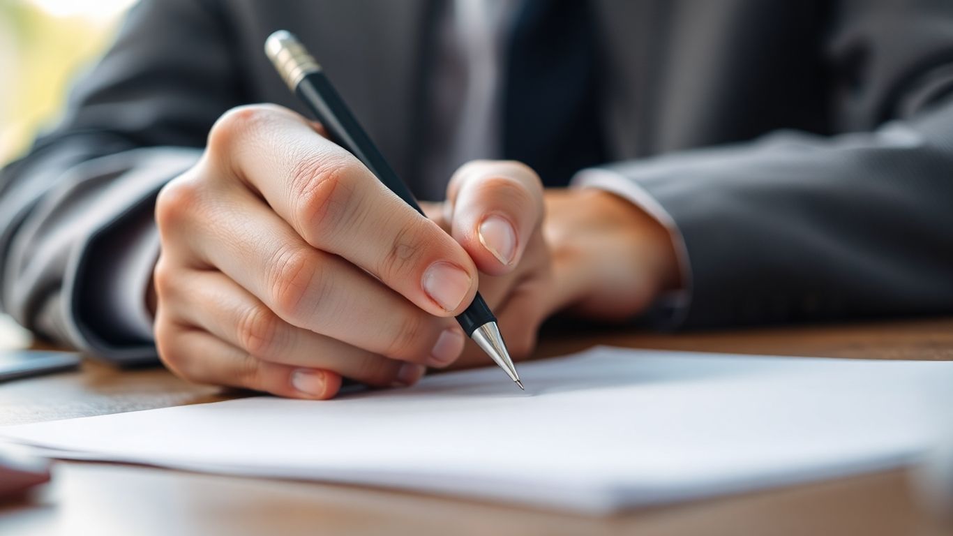 Hand with pen ready to write on paper.