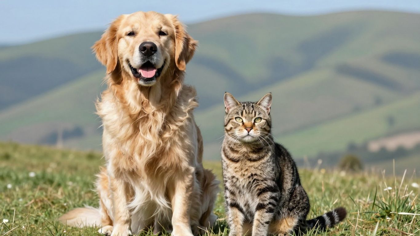 Happy dog and cat in a sunny New Hampshire landscape.