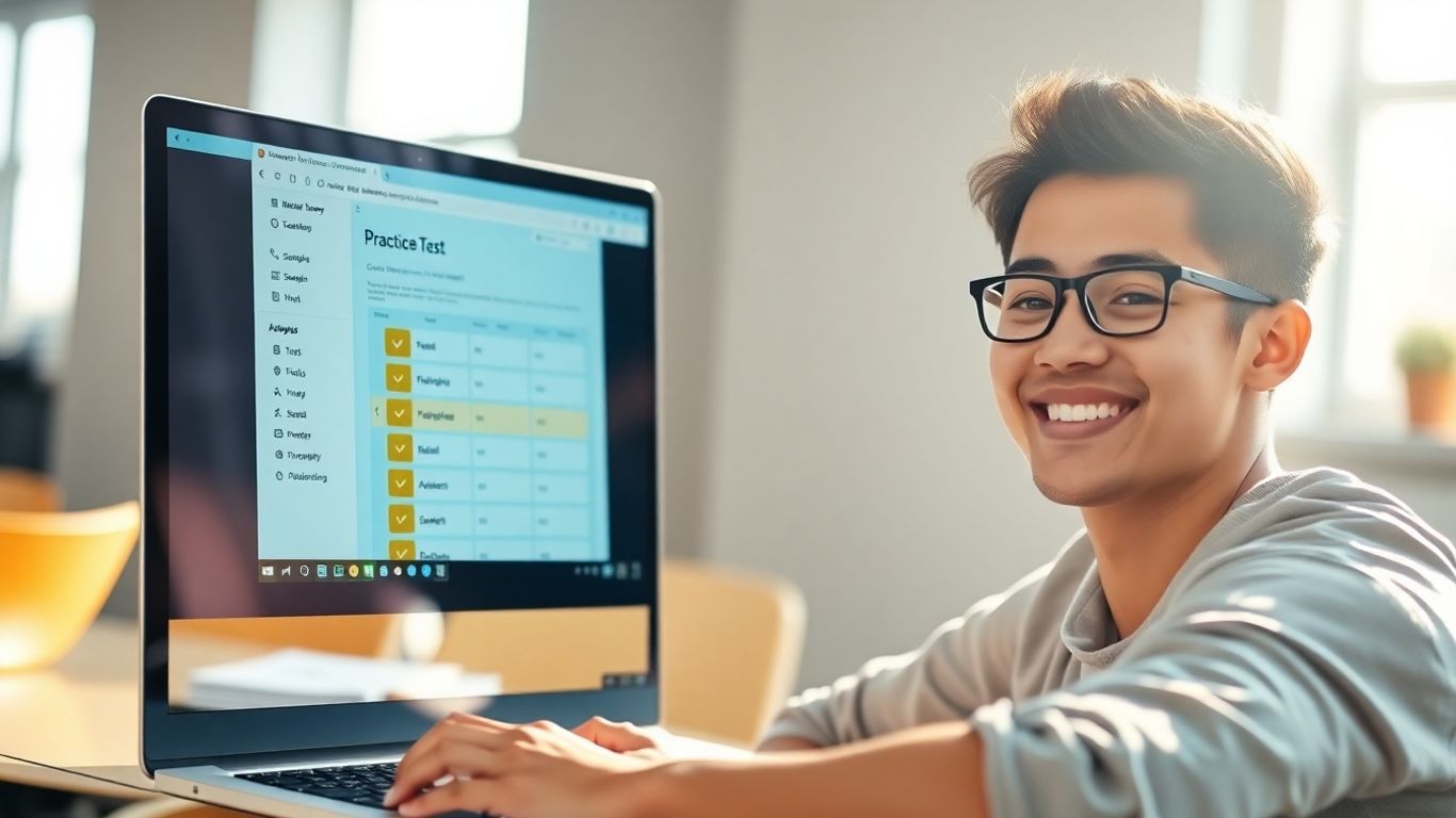 Person taking an online PTE practice test on a laptop.