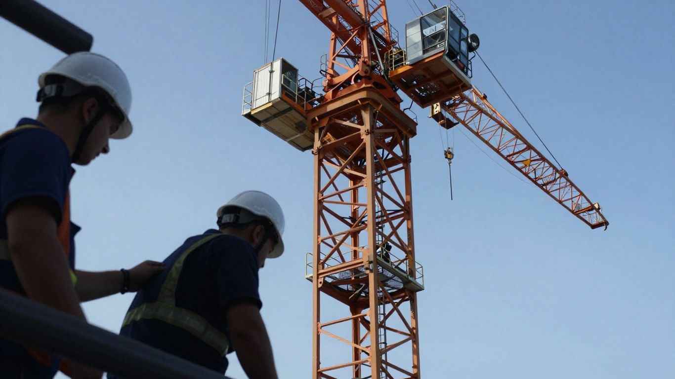 Worker inspecting a large industrial crane from below.