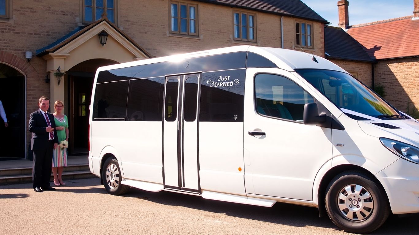 White wedding minibus outside a venue with guests.