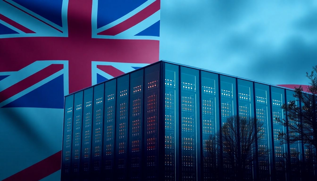Google data center in the UK with the Union Jack flag.