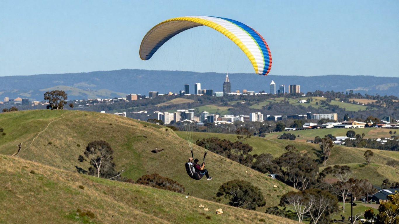 Paraglider flying over Canberra landscape.