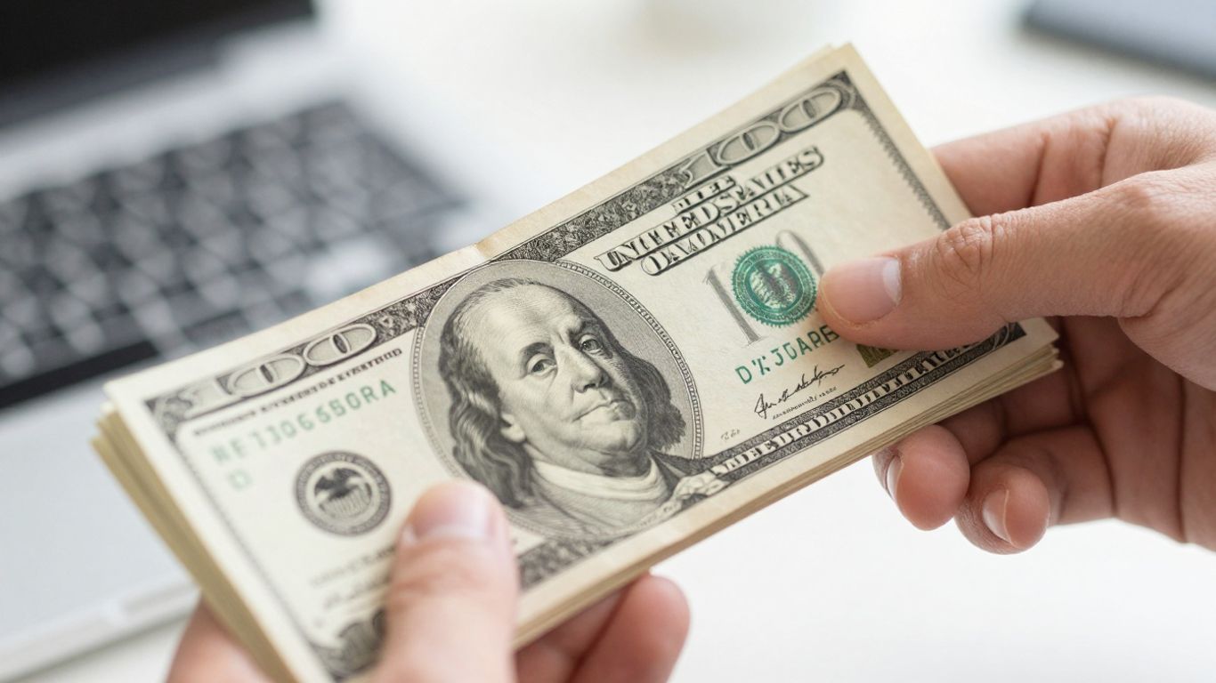 US dollar bills held in hand, financial background.