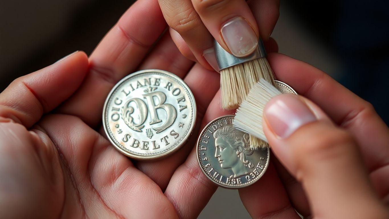 Cleaning a tarnished coin with a soft brush.