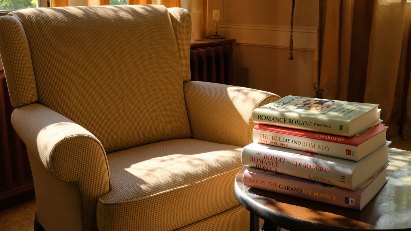 Cozy armchair with romance novels and a warm mug.