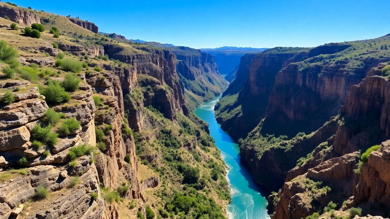 Malowniczy kanion Gruzji z turkusową rzeką i zielenią.