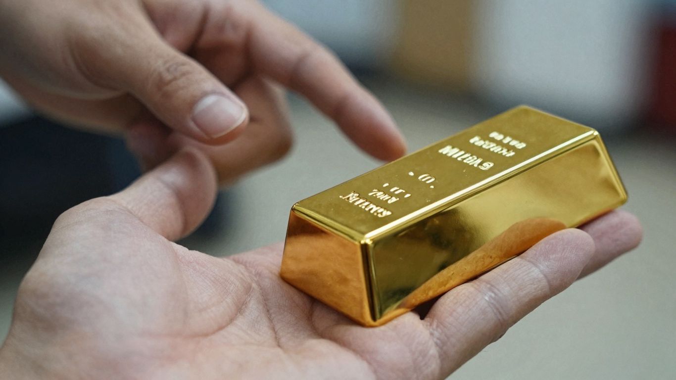 Hand holding a gold bar, investment concept.