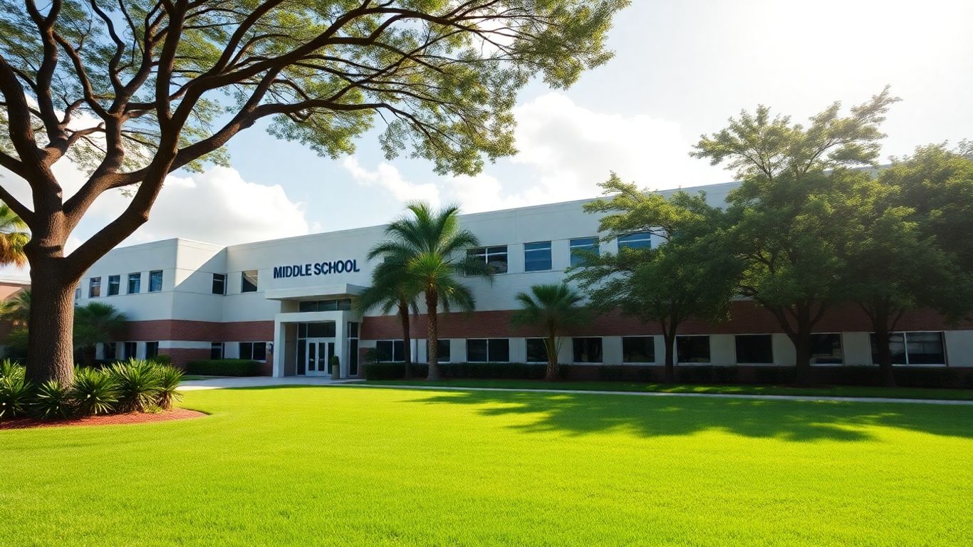 Aventura middle school building with green lawns and trees.