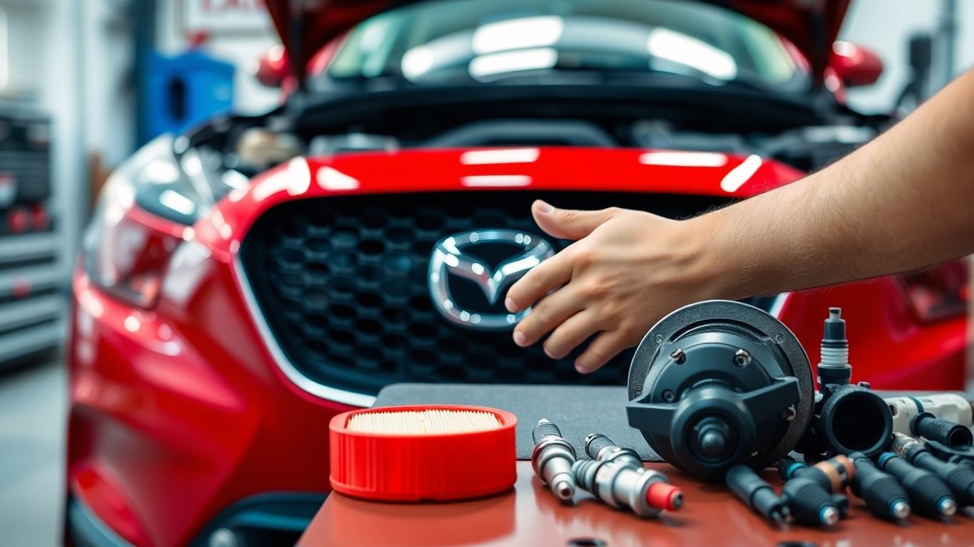 Mechanic working on Mazda car with genuine parts