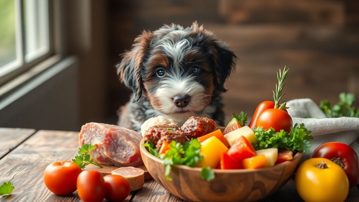 Bernedoodle puppy with a bowl of fresh food.