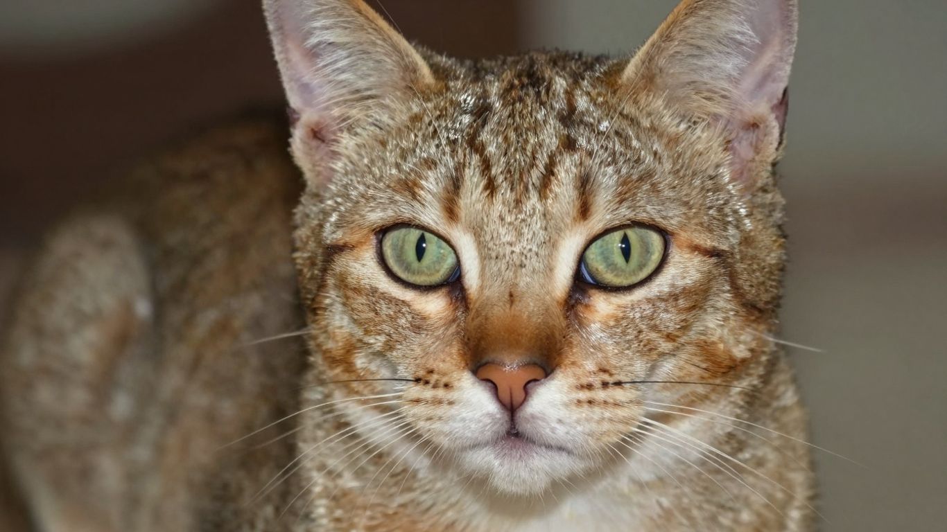 Cat with a shiny coat and healthy skin.