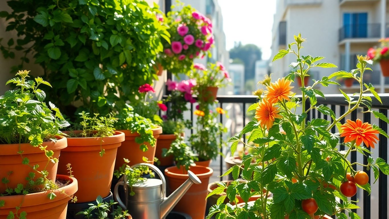 Secretele unei grădini urbane ecologice în balconul tău 1 Grădină urbană pe balcon cu plante verzi și flori.