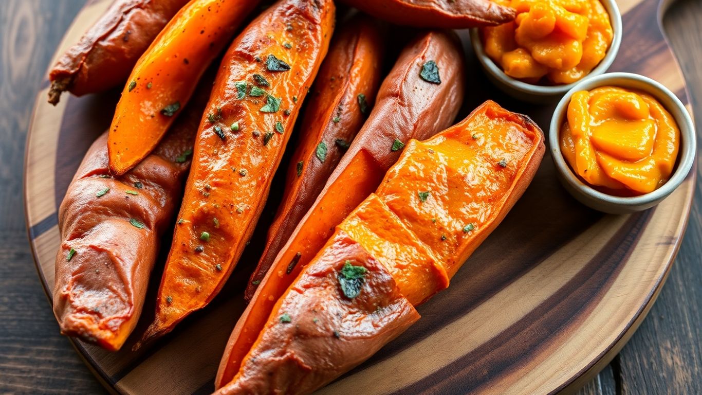 Biologische zoete aardappelen, geroosterd en gepureerd, op een bord.