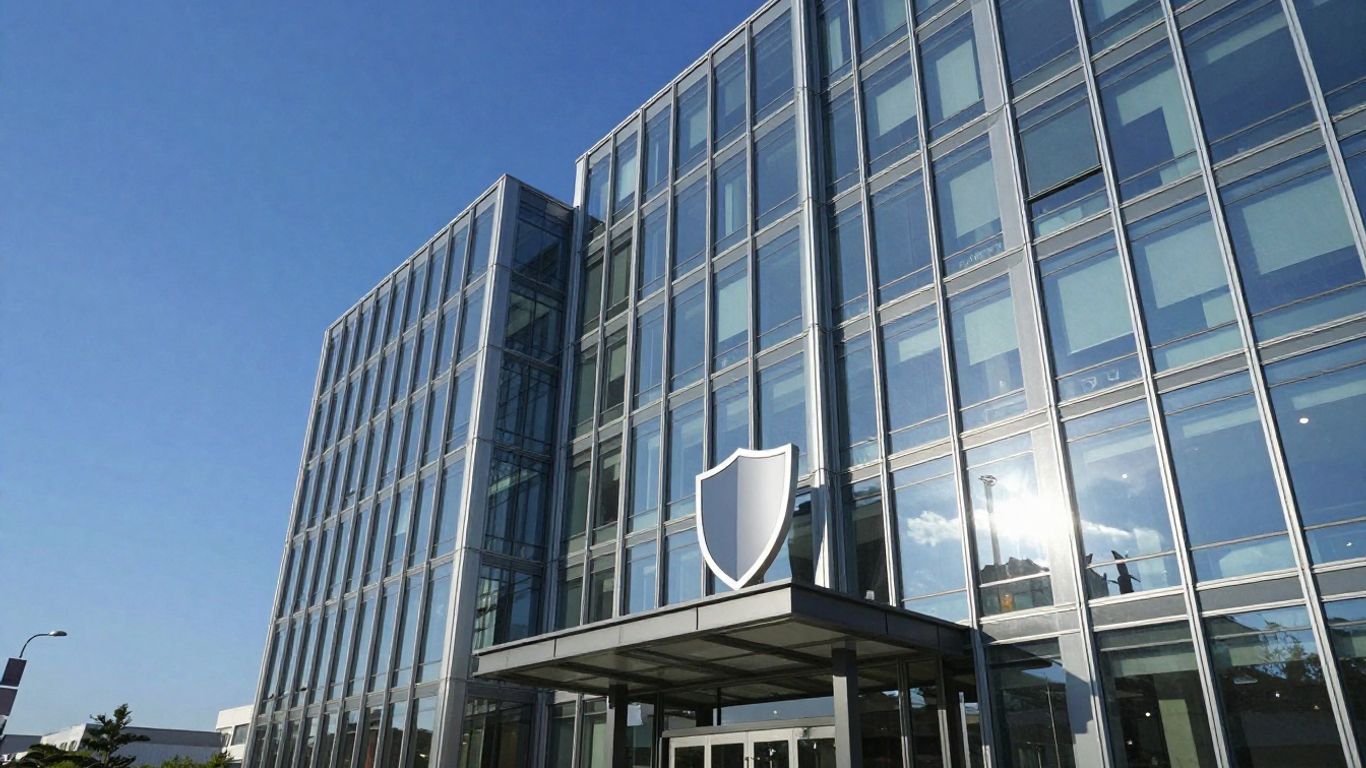 Modern office building with a protective shield icon.
