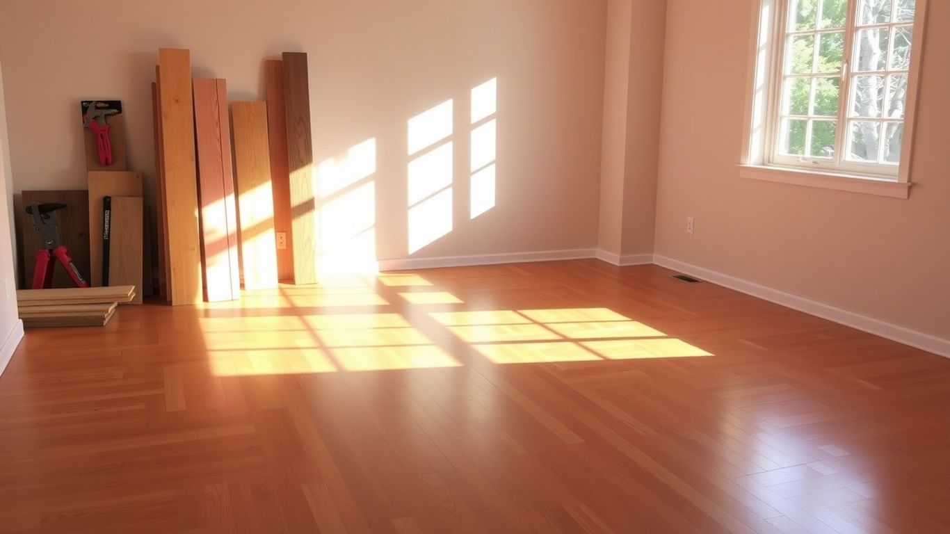 Warm hardwood floors in a sunlit room during renovation.