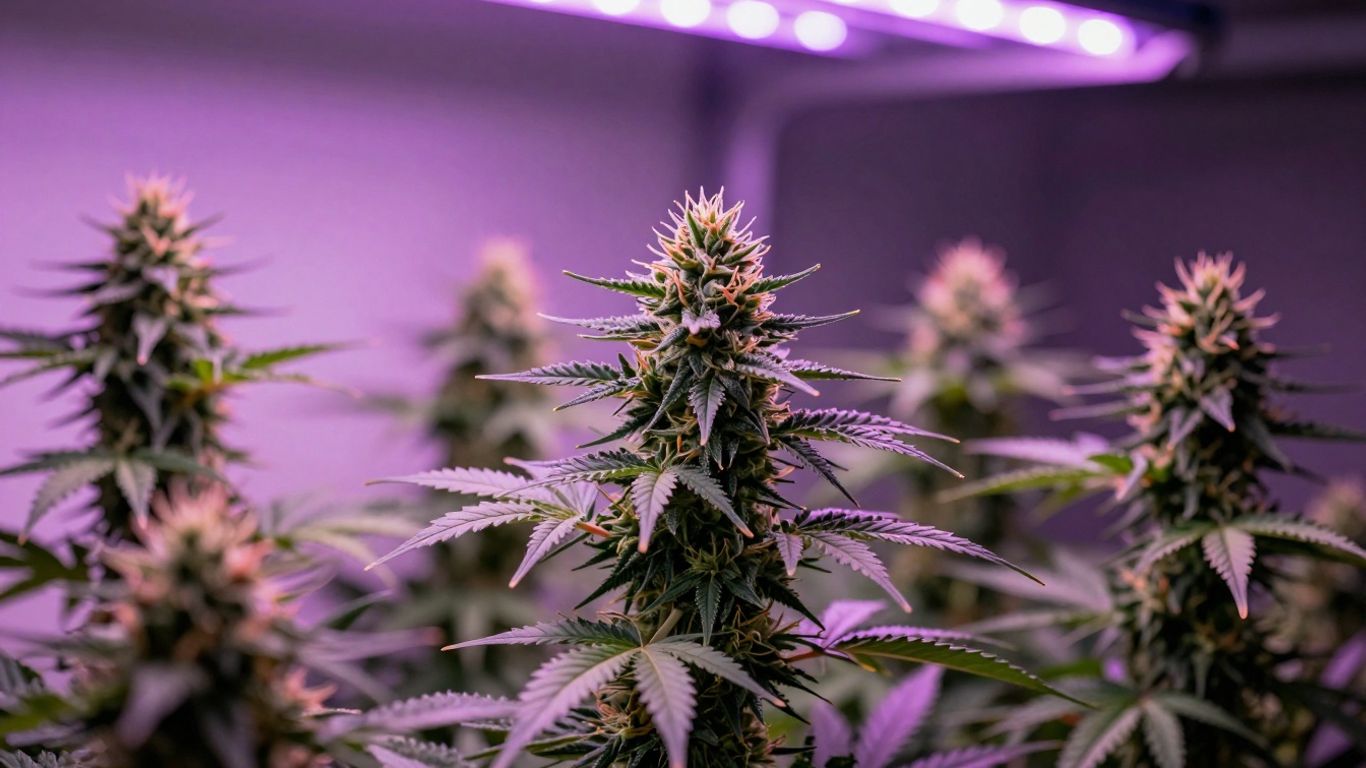 Indoor cannabis plants under purple LED grow lights.