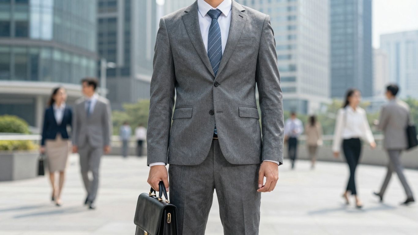 Banker in suit with briefcase, city background.