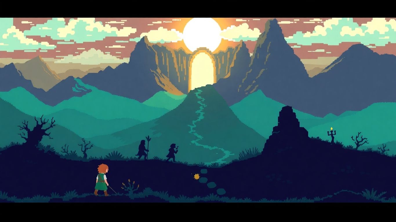 Pixelated fantasy characters near a glowing portal.