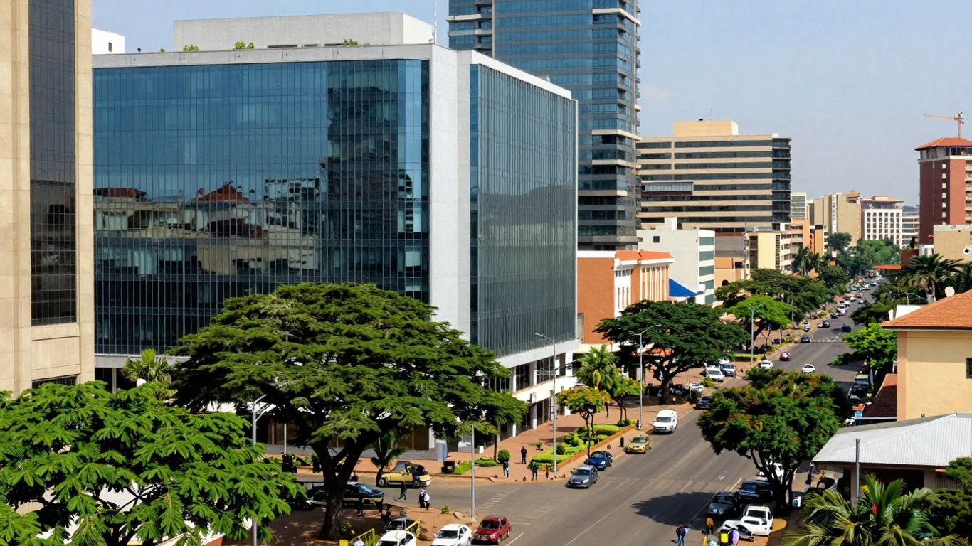 Harare cityscape with modern buildings and greenery.