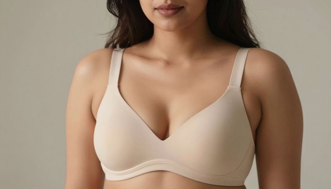 Busty woman in a bra, post-breast augmentation.