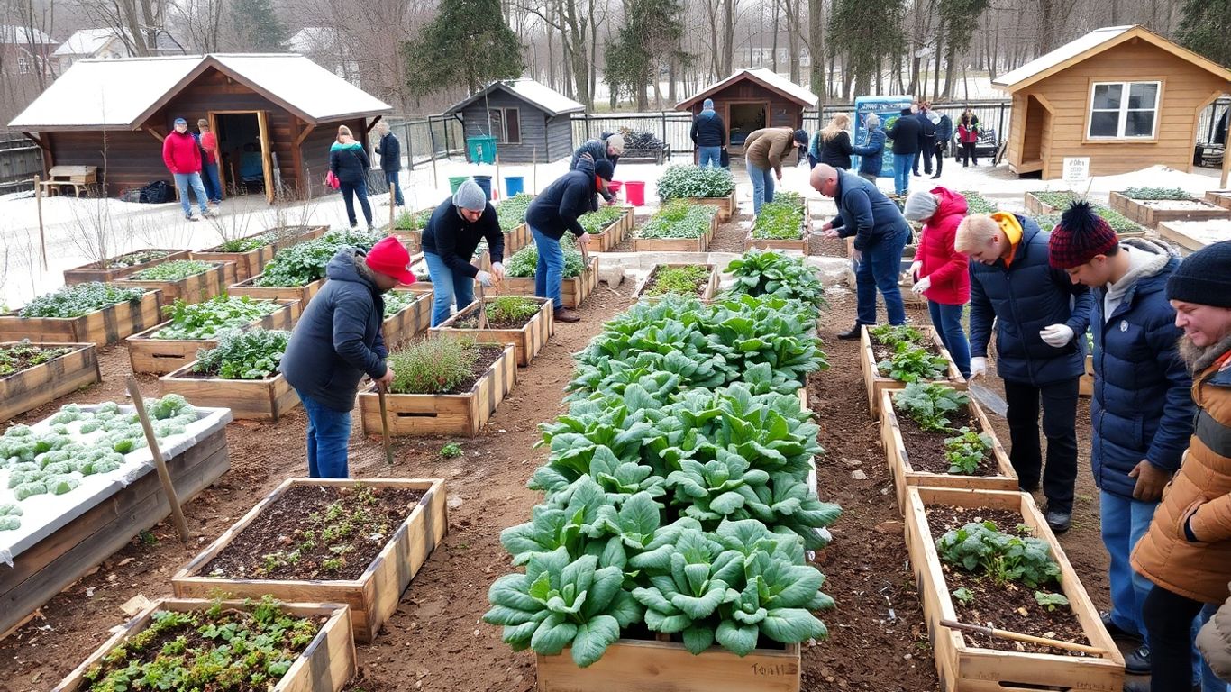 Winterliche Gemeinschaftsgartenarbeit mit frostigen Pflanzen und warm gekleideten Menschen.
