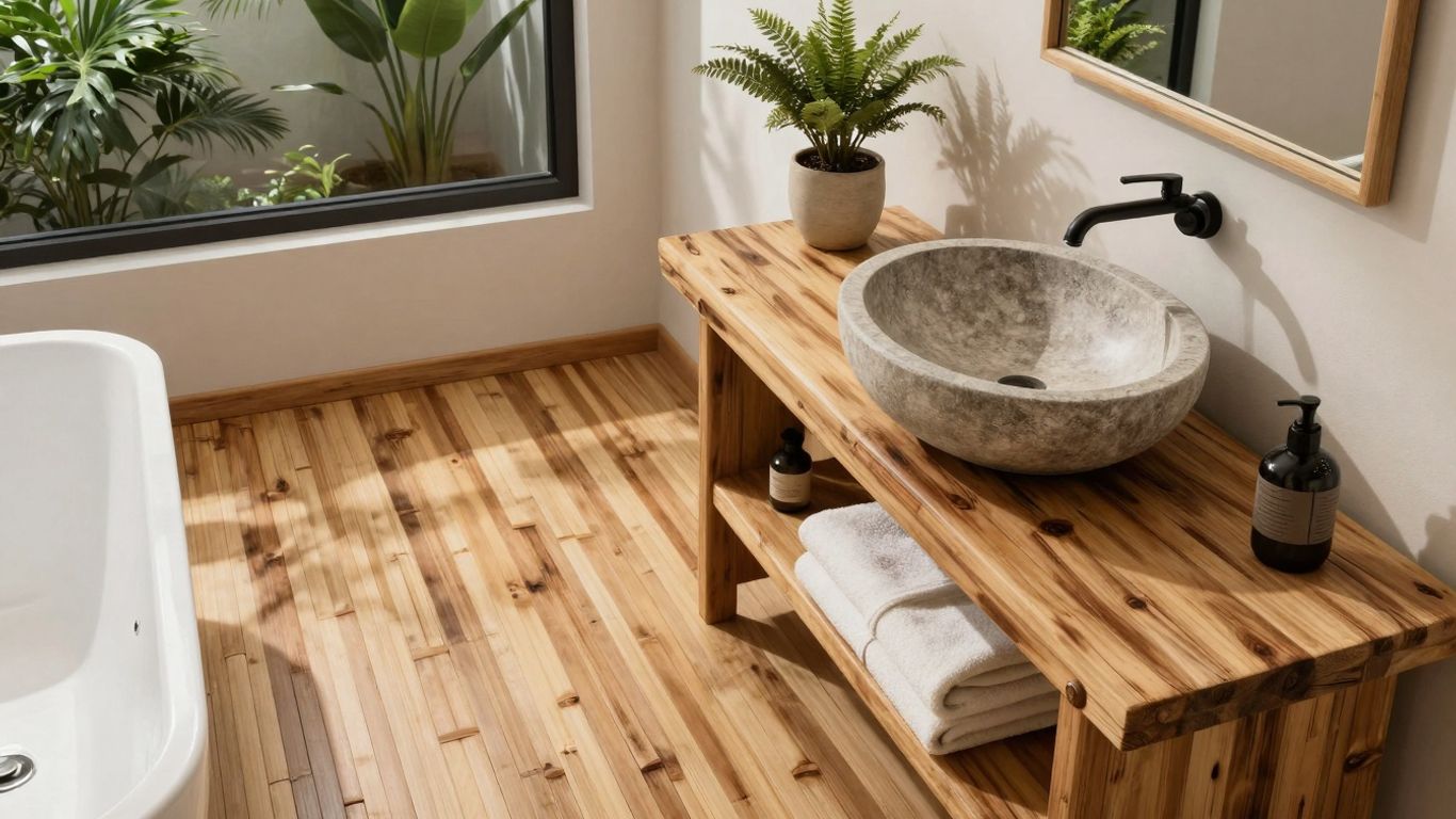 Eco-friendly bathroom with bamboo, wood, and stone elements.
