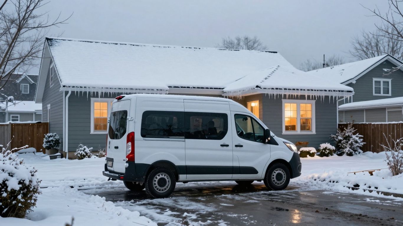 Contractor van in snowy driveway near cozy house.