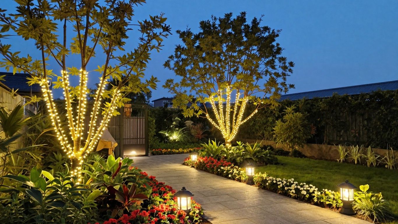 Garden illuminated by string lights and lanterns at dusk.