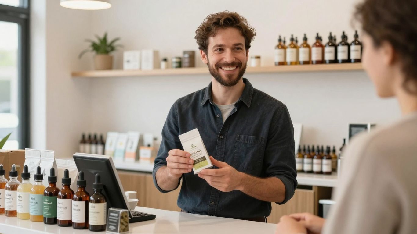 Budtender assisting customer with cannabis products.
