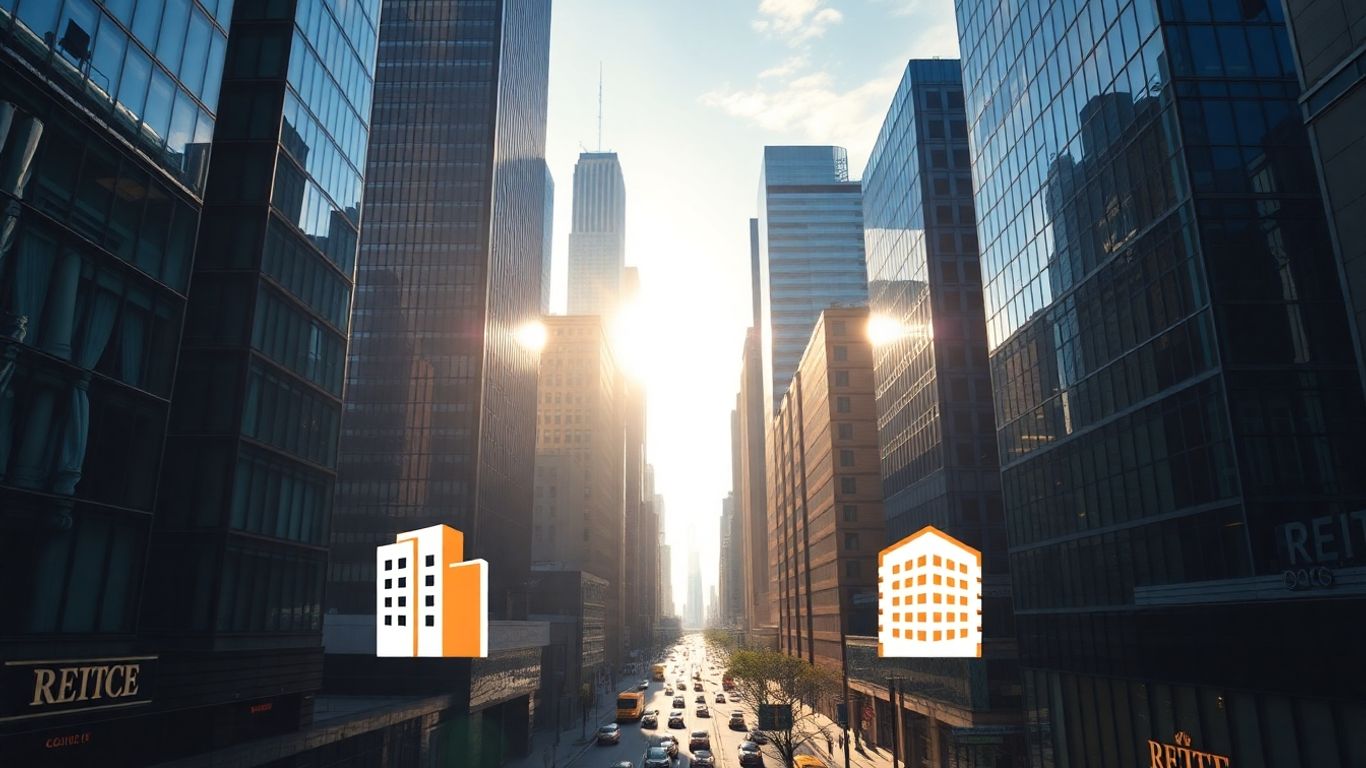 Modern cityscape with skyscrapers and REIT icons.