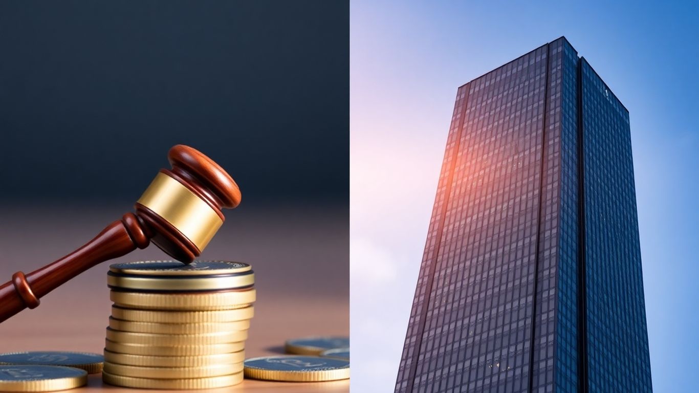 Gavel and digital coins next to a modern skyscraper.