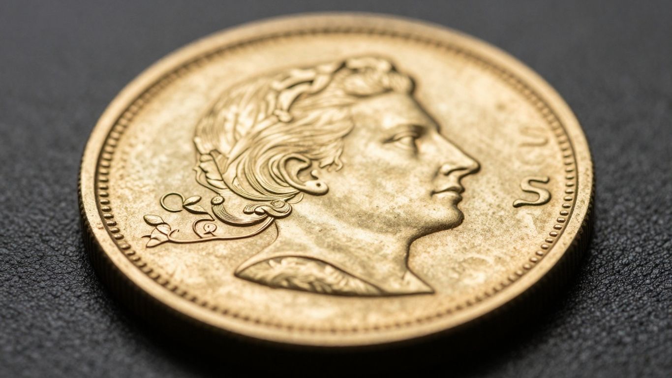 Detailopname van een numismatische gouden munt tegen een donkere achtergrond.