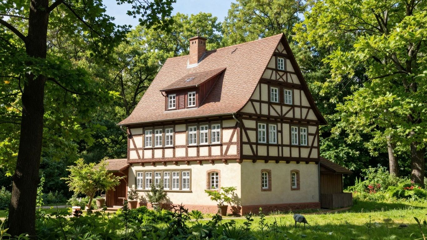 Historisches Fachwerkhaus im Harz mit grünen Wäldern