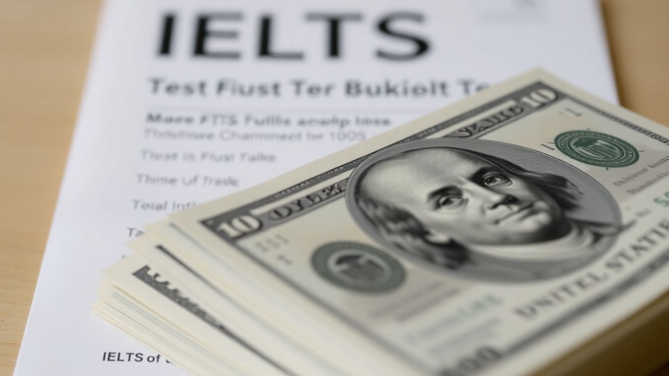 US dollars and IELTS test booklet for fees