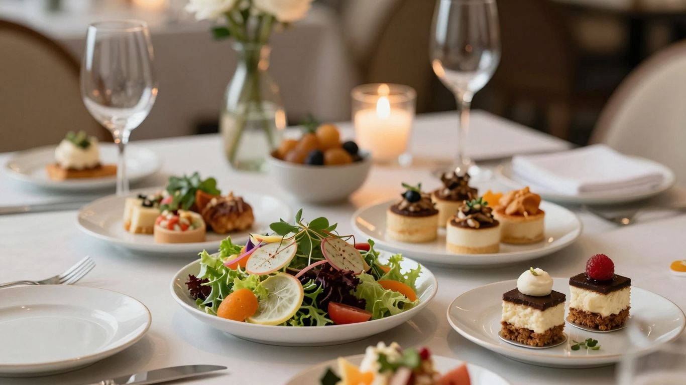 Gourmet food spread with elegant tableware and warm lighting.
