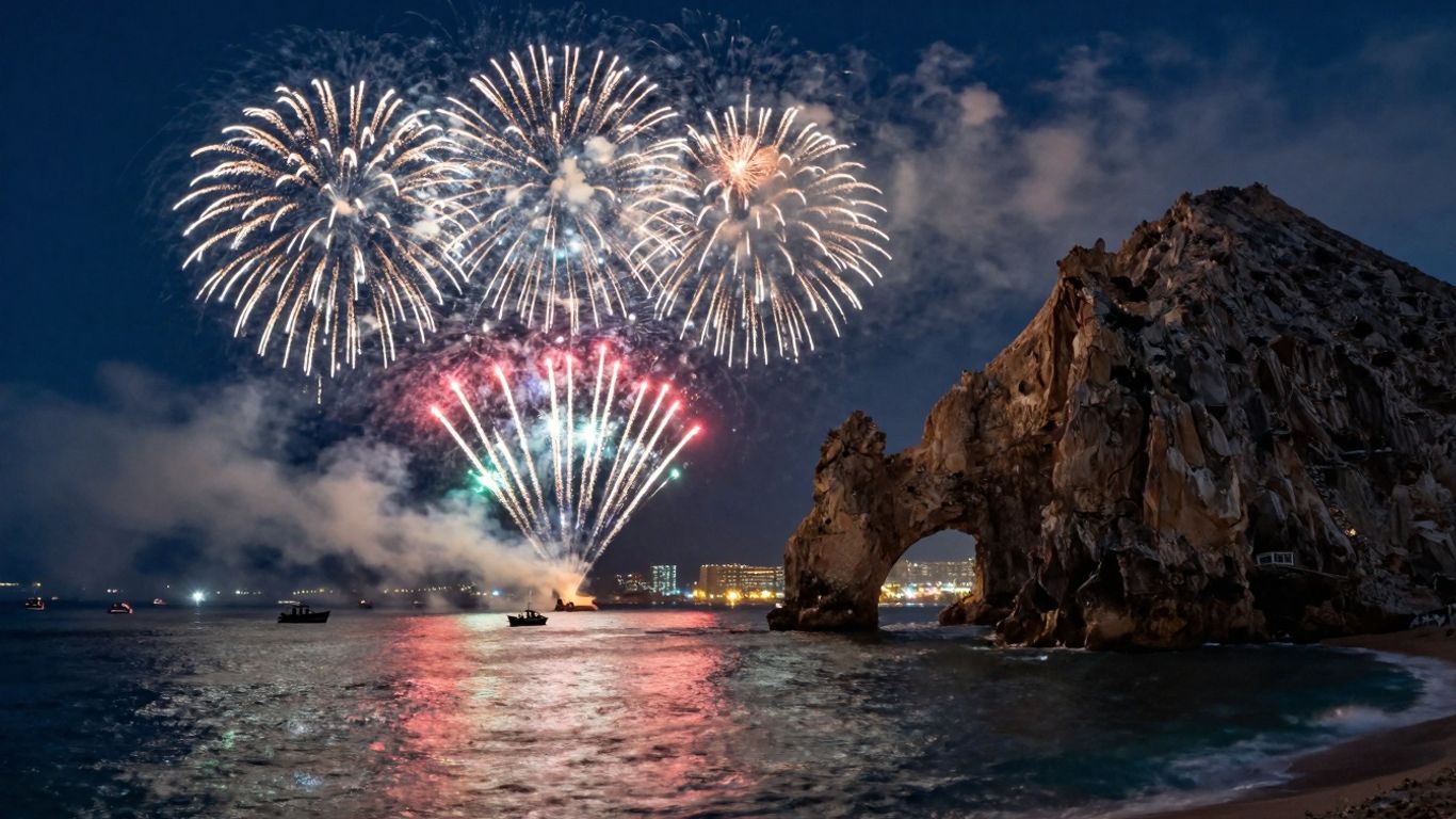 Cabo Arch fireworks over the ocean at night.