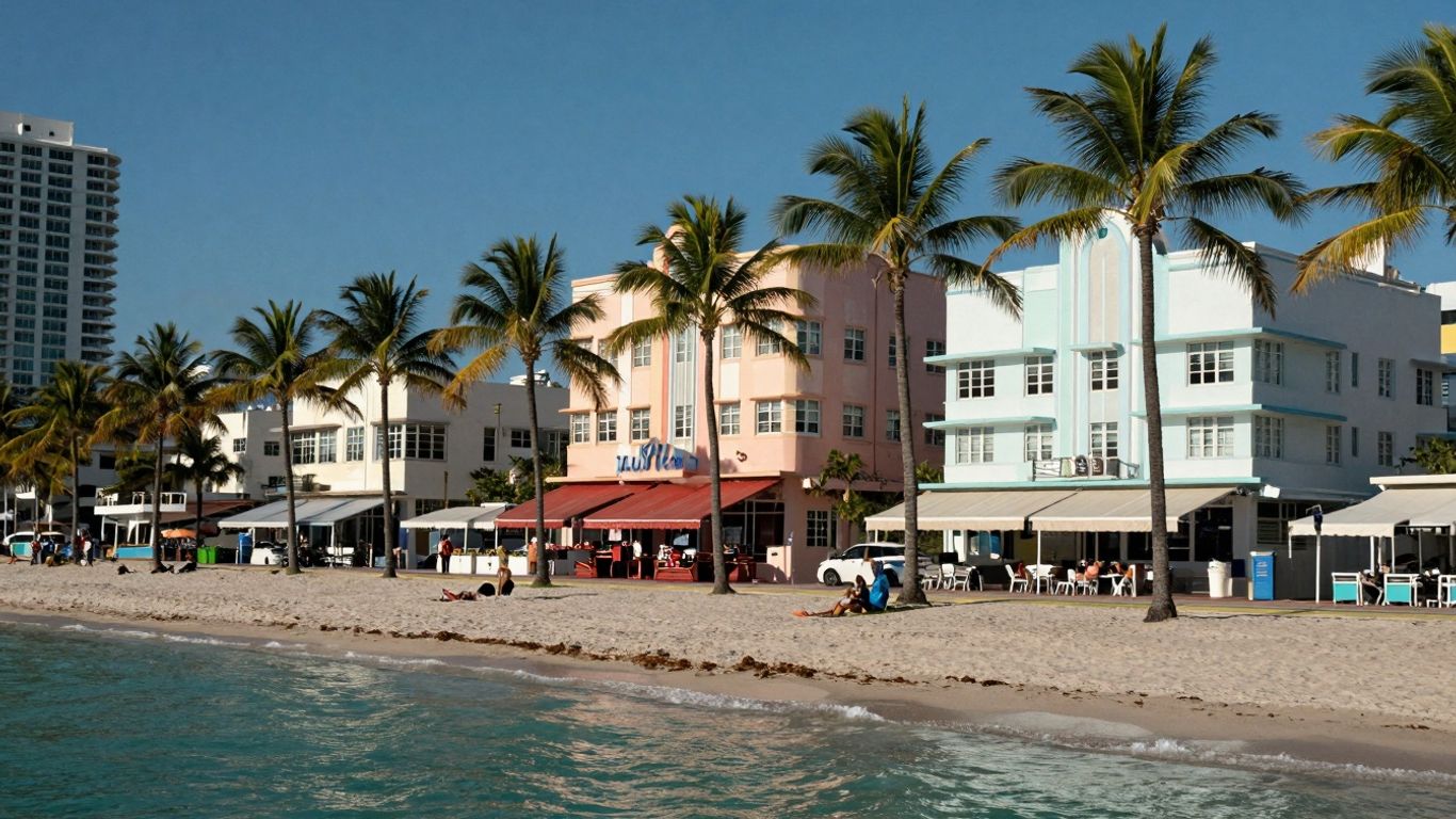 South Beach Miami with Art Deco buildings and palm trees.