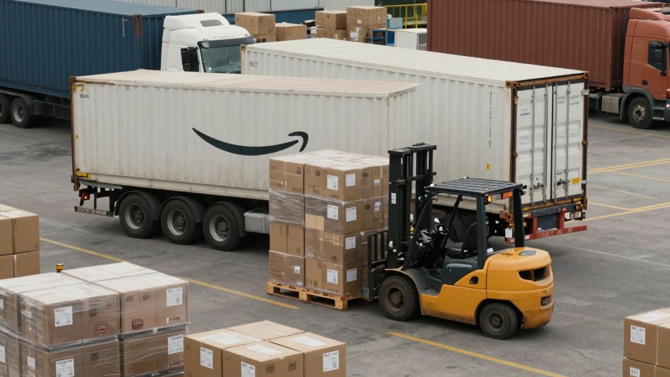 Amazon shipping dock with forklifts and cargo containers.