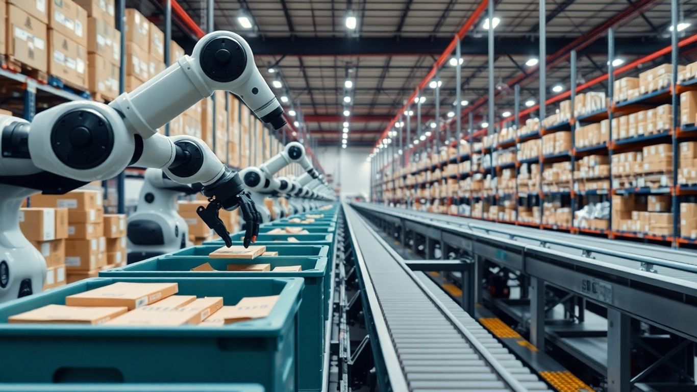 Automated warehouse order fulfillment with robotic arms.