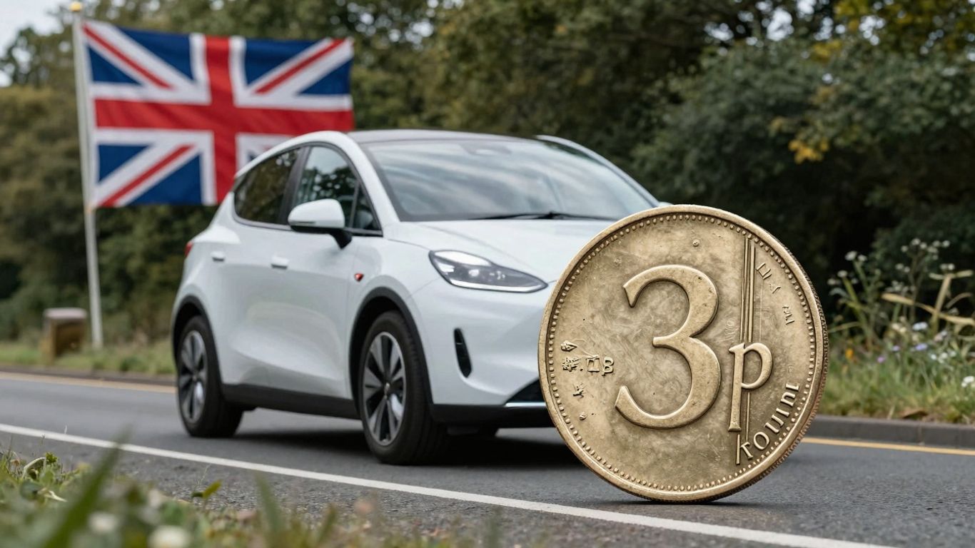 Electric car on UK road with 3p coin.