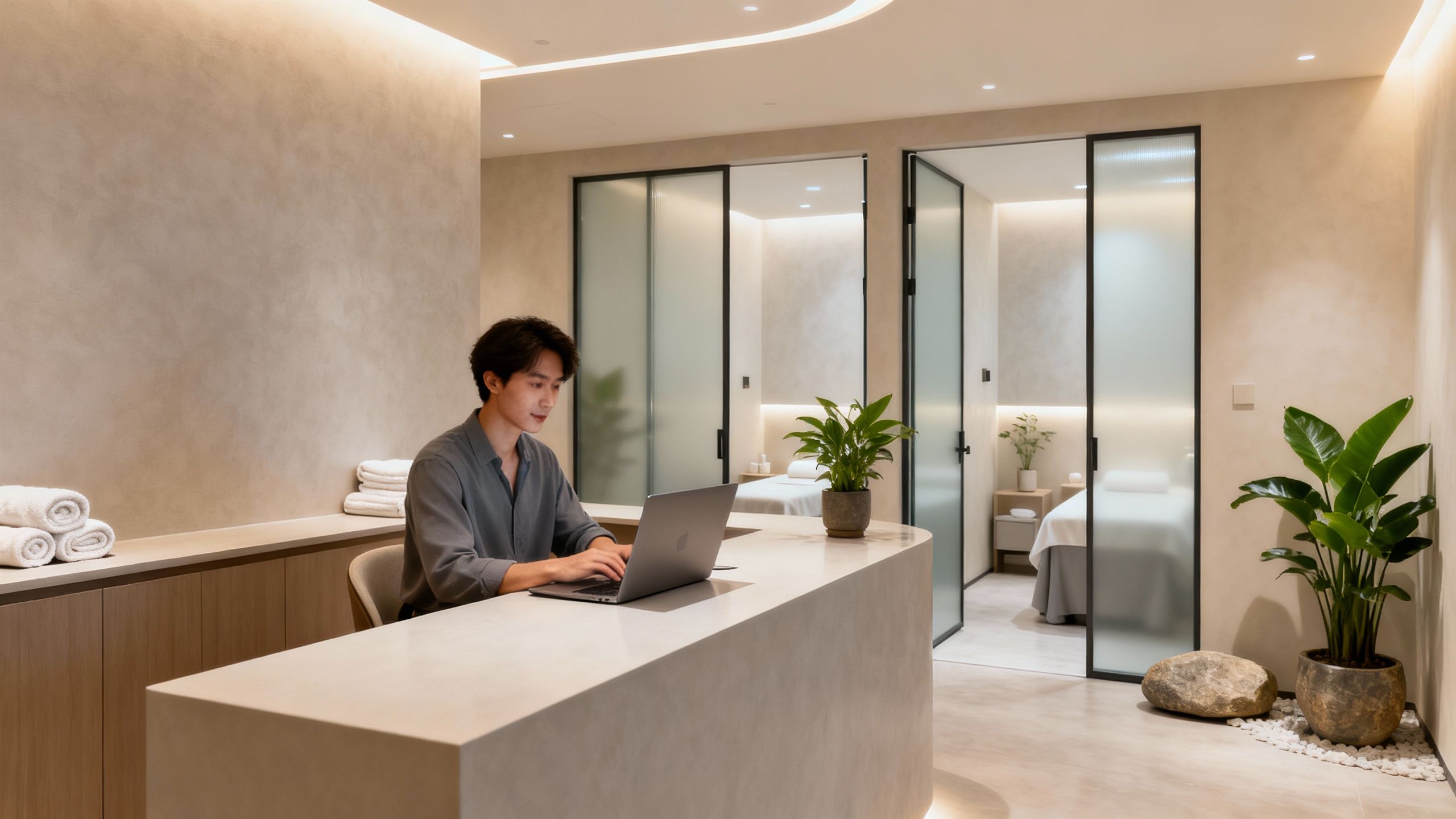 Person using laptop in modern aesthetics clinic setting