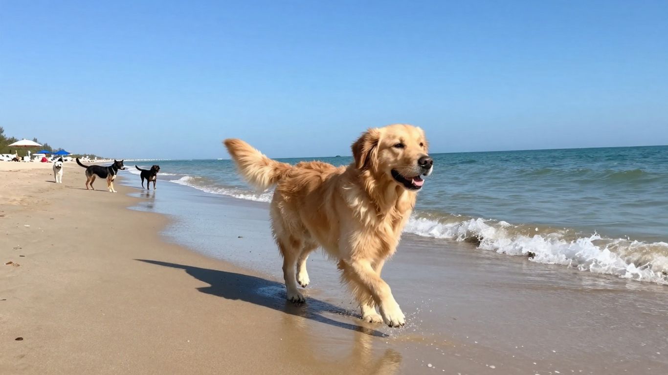 Hond rent door de branding op het strand.